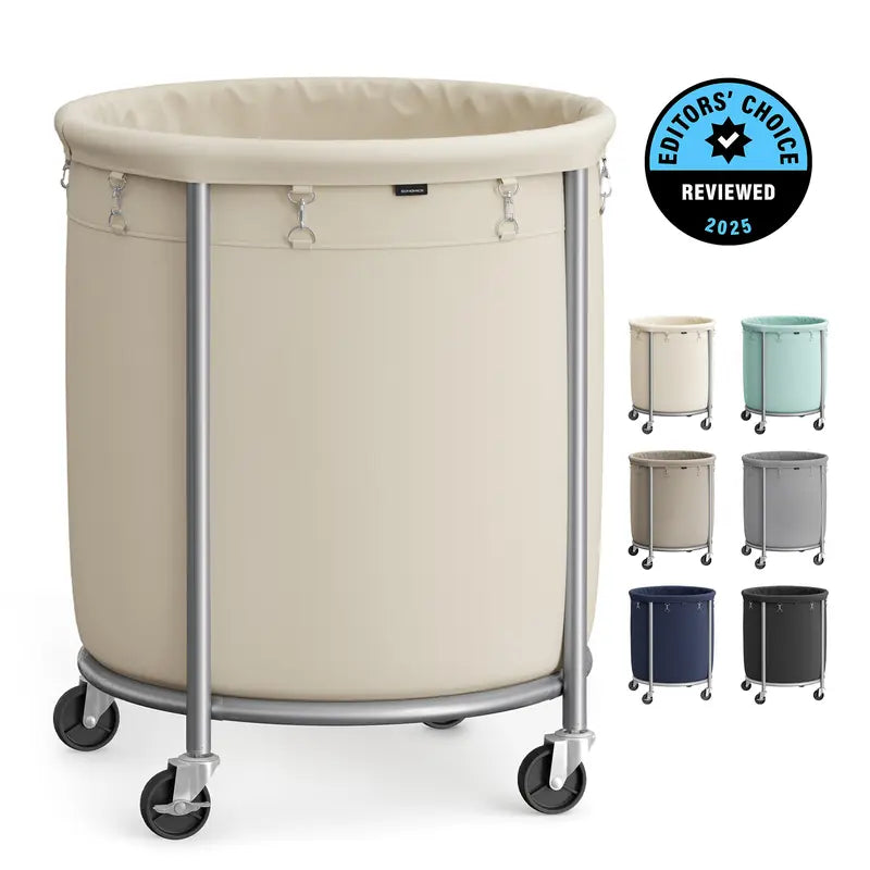 SONGMICS Laundry Basket with Wheels, Rolling Laundry Hamper, Round Laundry Cart with Steel Frame and Removable Bag ,Organiser