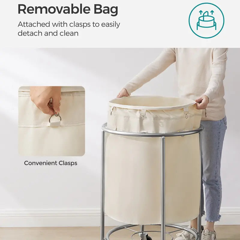 SONGMICS Laundry Basket with Wheels, Rolling Laundry Hamper, Round Laundry Cart with Steel Frame and Removable Bag ,Organiser