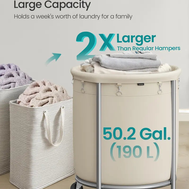 SONGMICS Laundry Basket with Wheels, Rolling Laundry Hamper, Round Laundry Cart with Steel Frame and Removable Bag ,Organiser