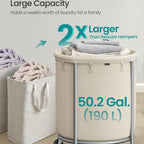 SONGMICS Laundry Basket with Wheels, Rolling Laundry Hamper, Round Laundry Cart with Steel Frame and Removable Bag ,Organiser