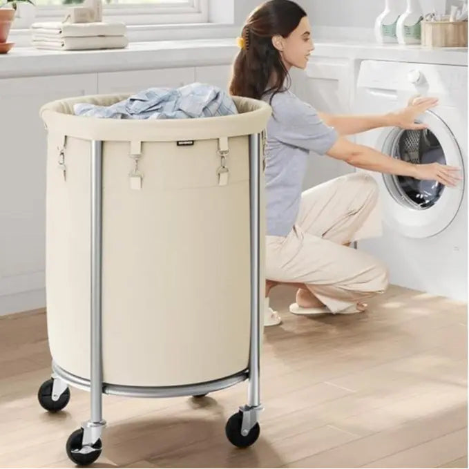 SONGMICS Laundry Basket with Wheels, Rolling Laundry Hamper, Round Laundry Cart with Steel Frame and Removable Bag ,Organiser