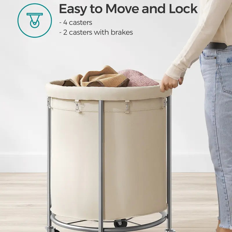 SONGMICS Laundry Basket with Wheels, Rolling Laundry Hamper, Round Laundry Cart with Steel Frame and Removable Bag ,Organiser
